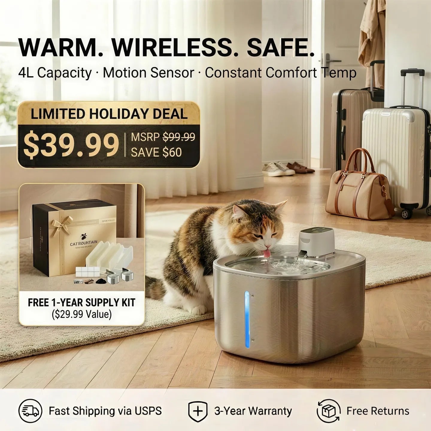 Smart Pet Fountain – Fresh & Healthy, 4L Capacity, 60% OFF + Free Replacement Filter