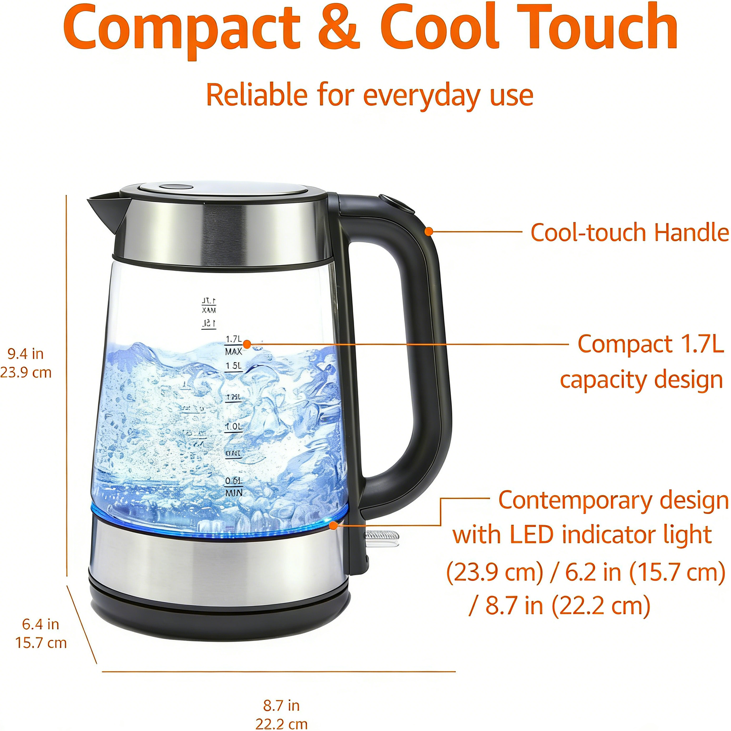 1.7L Glass Electric Kettle, Fast Boiling & Auto Shut-Off